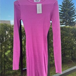 Double Zero Ribbed Long Sleeve Pink Bodycon Dress with Black Side Panels